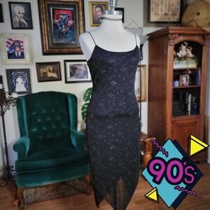 Vintage 90s I.N. San Francisco Black Spaghetti Strap Glittery Midi Dress USA